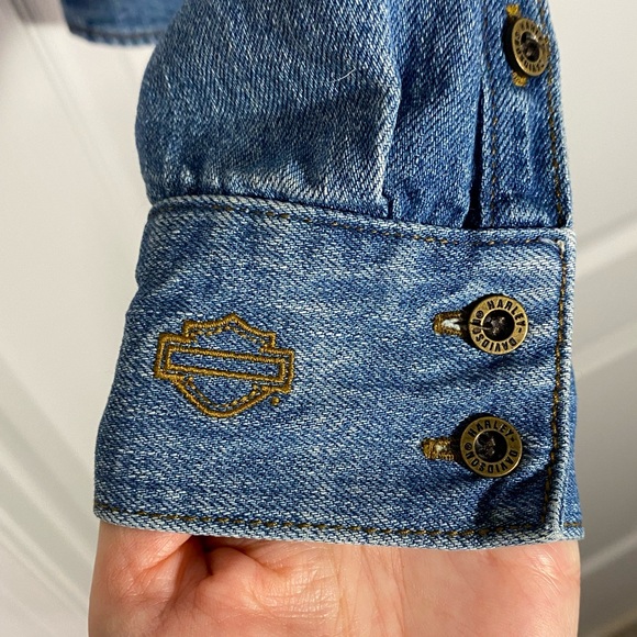 Y2K HARLEY DAVIDSON Studded & Embroidered Button Down Denim Shirt Jacket Shacket - Picture 5 of 8